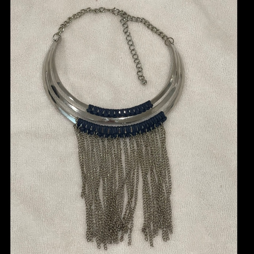 Silver Stiff Cuff Necklace with Chain Detailing